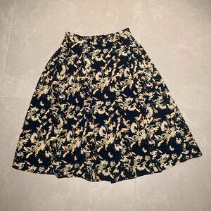 GU Dark Blue and Cream Floral Flare Skirt – Elastic Waist – Size M